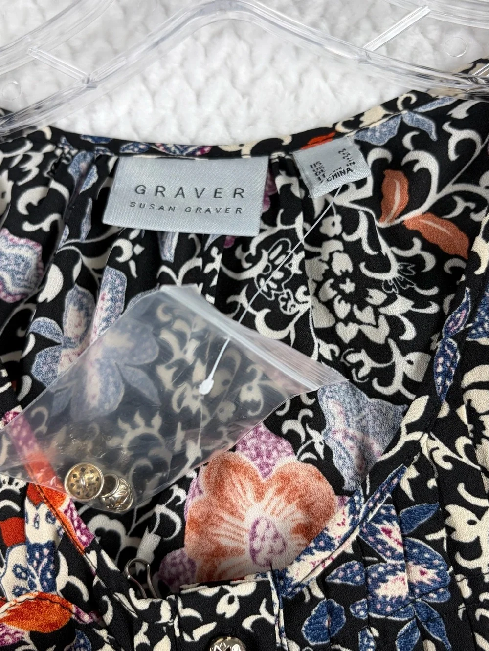 Susan Graver Floral Print Peasant Blouse Long Sleeve Black Multi Tunic Top M - Picture 9 of 10